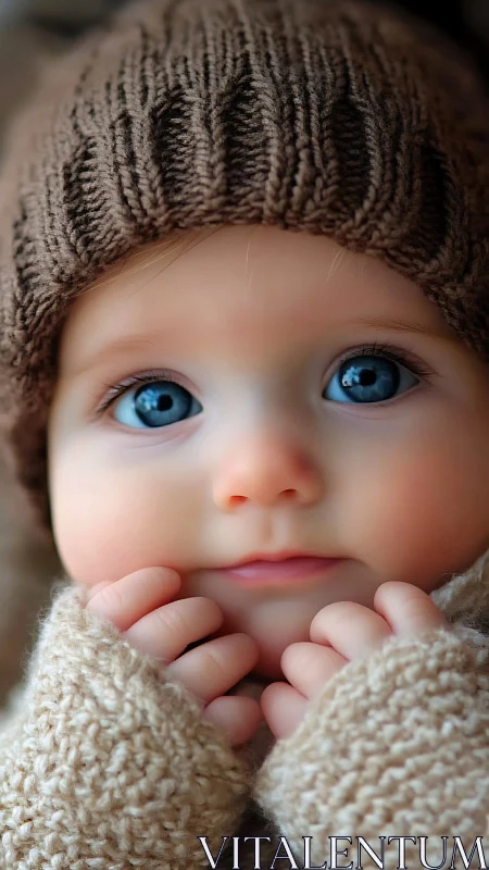 Toddler in Beige Knit: Cozy Winter Portrait with Piercing Blue Eyes