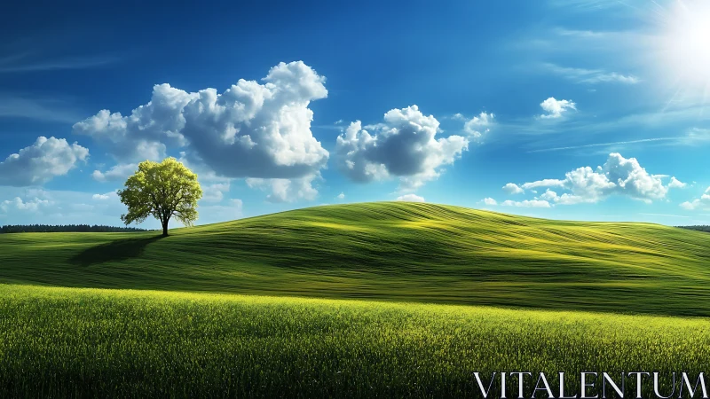 Isolated tree stands on gently illuminated grassy hillside