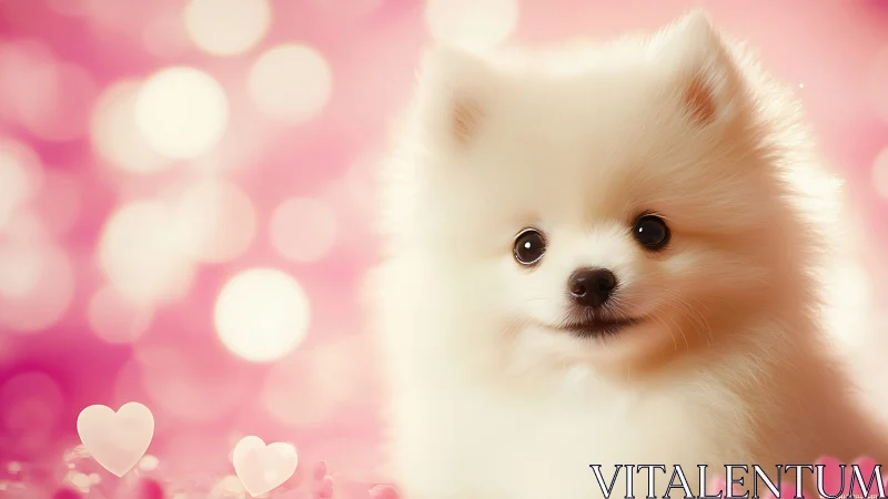 White fluffy puppy against soft pink bokeh background.