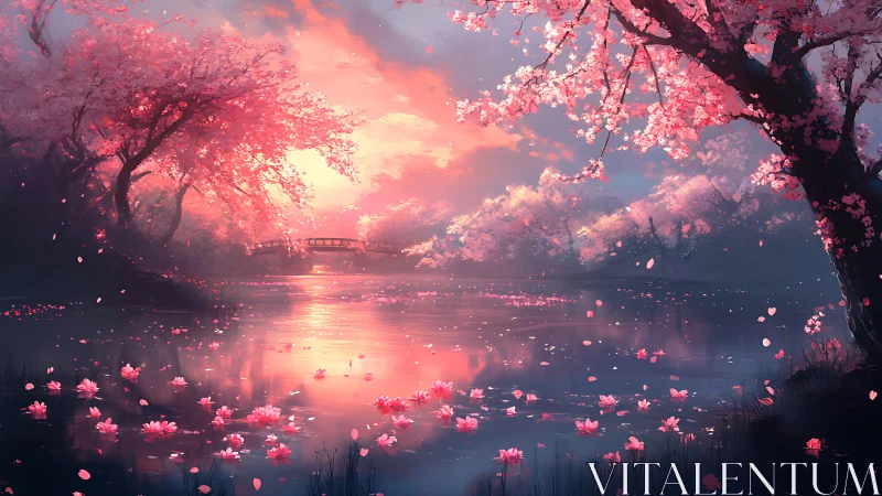 Dreamy cherry blossom lake glowing in soft evening light.