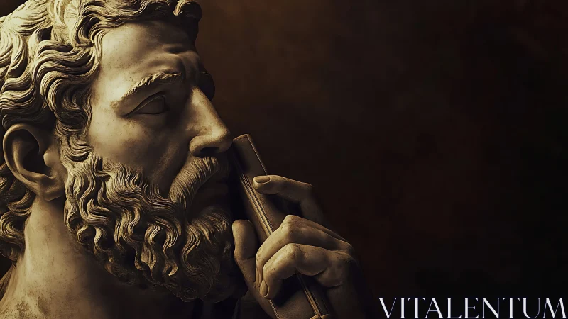 Contemplative marble philosopher lit by dramatic shadows.