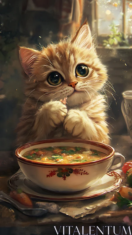 Cream Kitten Contemplates Aromatic Soup in Candlelit Interior