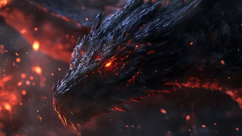 Dragon head rendered in molten, ember-lit close-up profile