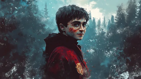 Brooding young wizard in crimson robe amid misty pines.