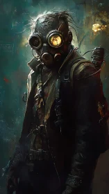 Lone wanderer in a gas mask walks through eerie golden fog