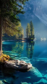 High-clarity alpine lake with refractive water and layered forest depth