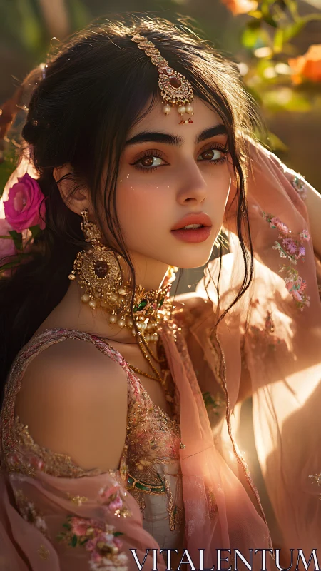 Portrait of woman in ornate traditional attire outdoors.