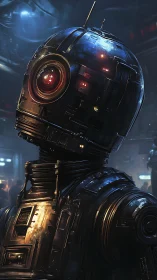 Spherical robot portrait under neon industrial lights.