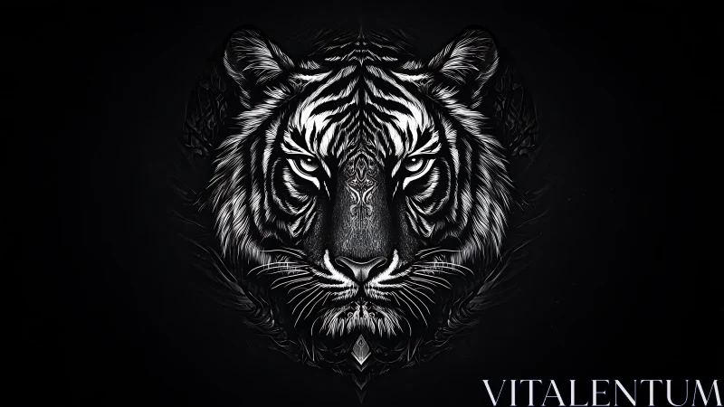 Fierce white tiger portrait glows boldly against deep black