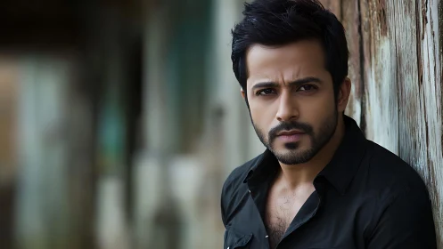 Photorealistic male portrait against weathered wooden wall.