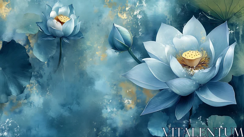 Blue lotus flowers on textured teal abstract background.