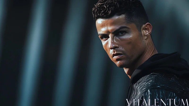 Moody portrait of athletic man in dark sports hoodie.