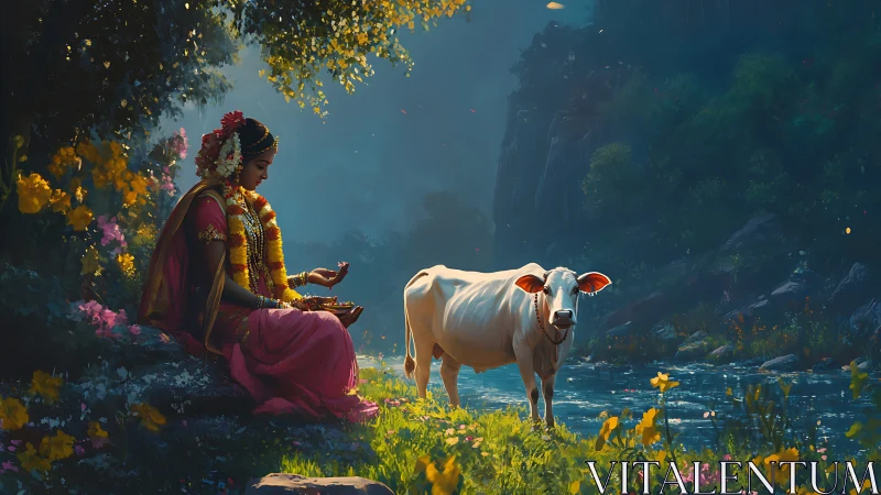 Seated woman and cow positioned by a riverbank in foliage