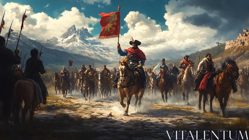 Mounted soldiers advance across valley under snowcapped peaks