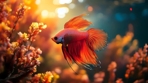 Flame-tailed betta drifts through sunlit coral confetti.