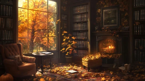 Autumn leaves filling a quiet reading room with fireplace.