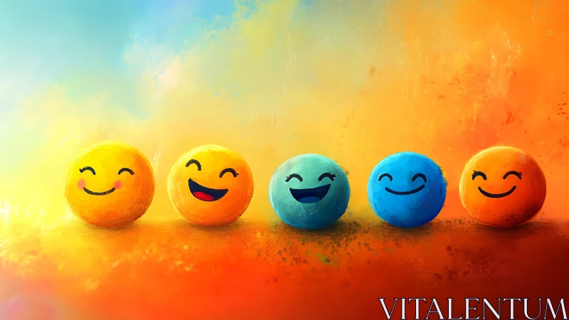 Row of colorful smiling emoji spheres on warm gradient.