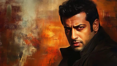 Intense male portrait over textured orange abstract background.