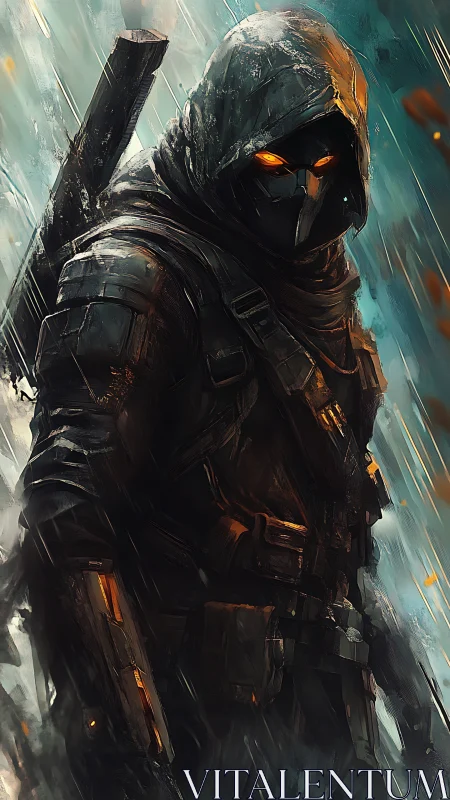 Hooded ember-eyed sentinel stalks the stormlit battlefield