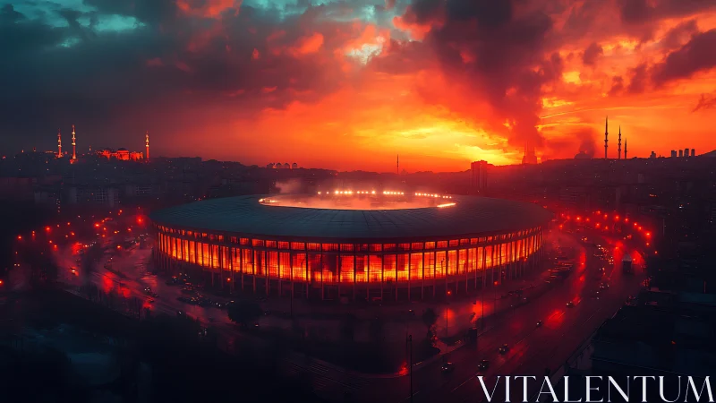 Fiery city stadium glows warmly beneath a dramatic sunset