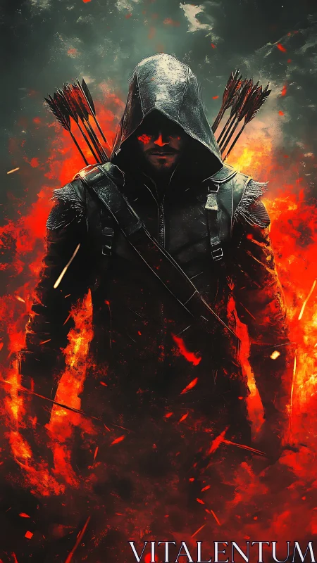 Digital painting of hooded archer emerging through inferno glow.