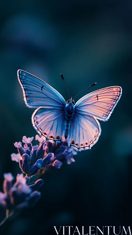Twilight blue butterfly poised on lavender dreams in bloom.