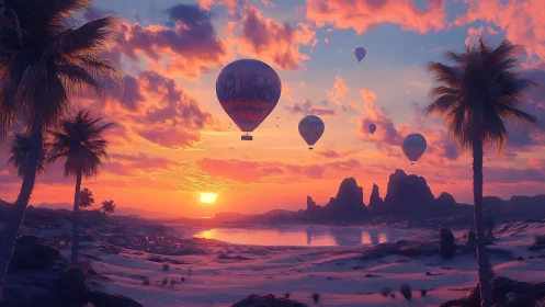 Hot air balloons traverse a coastal landscape at sunset