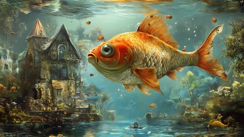 Overscaled goldfish traversing immersive aquatic cottage world.