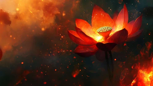 Glowing red lotus floats within fiery abstract darkness