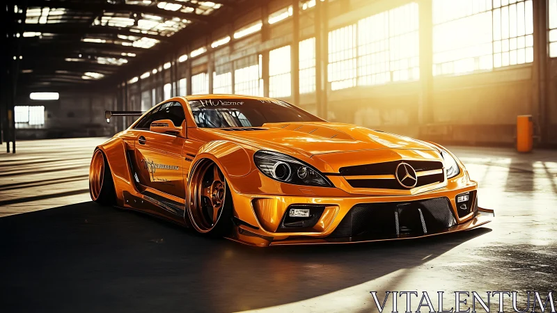 Widebody orange Mercedes tuner car under warehouse sun.