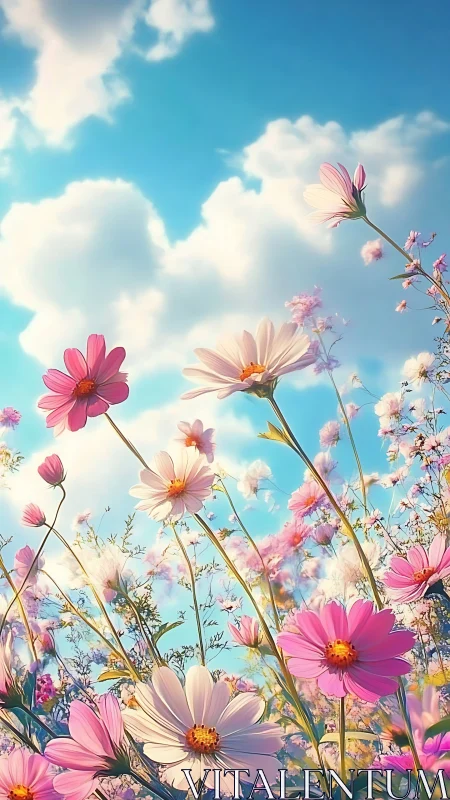 Dreamy Cosmos Flowers Dance Through Golden Sunlit Skies