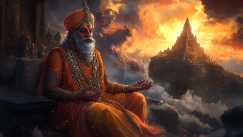 Elder in orange robes seated before distant temple peak.