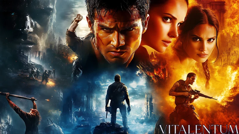 Fierce heroes crossing fire and ruins in a bold showdown.