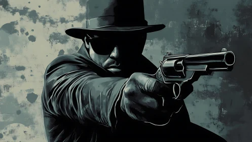 Noir gunman extends revolver toward viewer in shadow