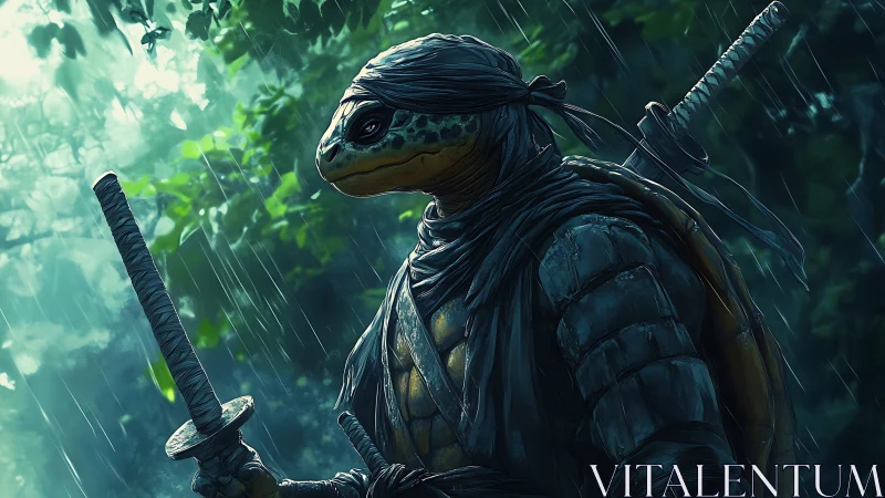 Armored humanoid turtle swordsman stands in rainy forest