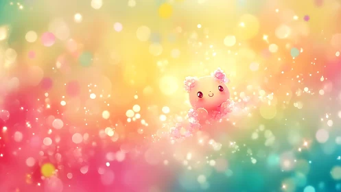 Shy pastel blossom creature glowing in dreamy rainbow light.