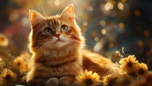 Ginger Tabby Cat Portrait with Chrysanthemum Bokeh Rendering