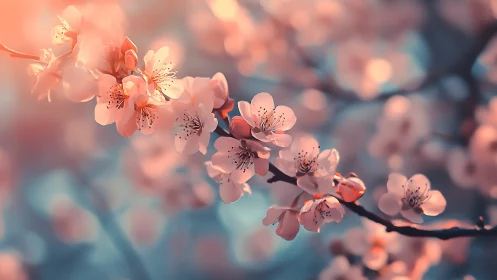 Soft peach cherry blossoms glow in dreamy spring light.