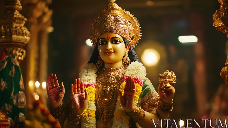 Gilded Hindu deity idol with garlands in temple bokeh glow.