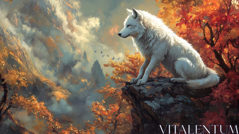 White alpine wolf surveying mist-laden autumn valley panorama.