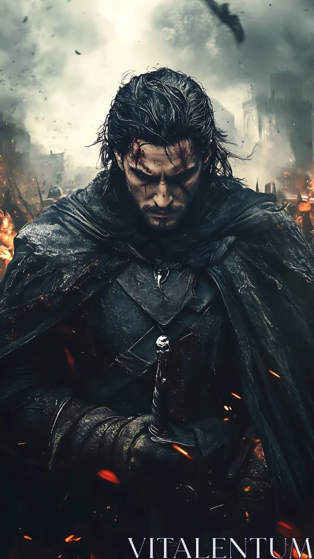 War-torn cloaked swordsman in cinematic battlefield haze.