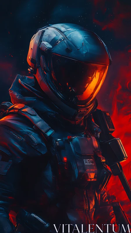 Armored space operative in red and blue illuminated field.