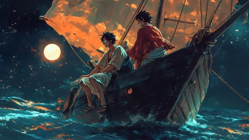 Moonlit wanderers ride storm-kissed waves on a glowing sailboat.