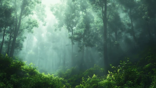 Verdant Cathedral Where Sunlight Dances Through the Misty Canopy