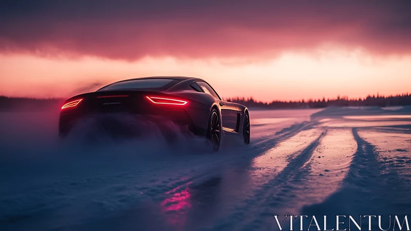 Crimson tail lights carve frozen twilight on a racing coupe.