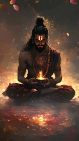 Seated male figure holds illuminated vessel over reflective water