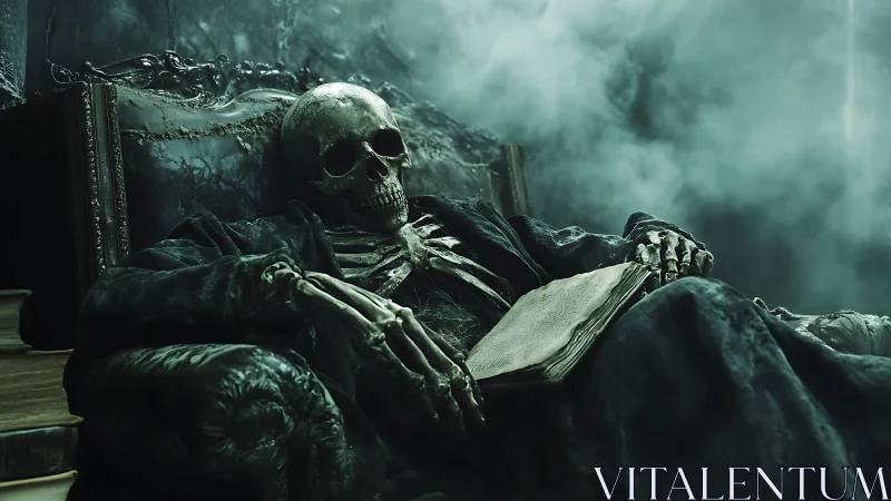 Skeleton in armchair holds open book in dense green fog
