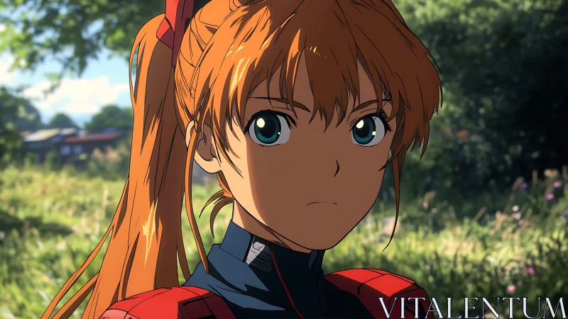 Sunlit anime pilot portrait in detailed rural landscape.