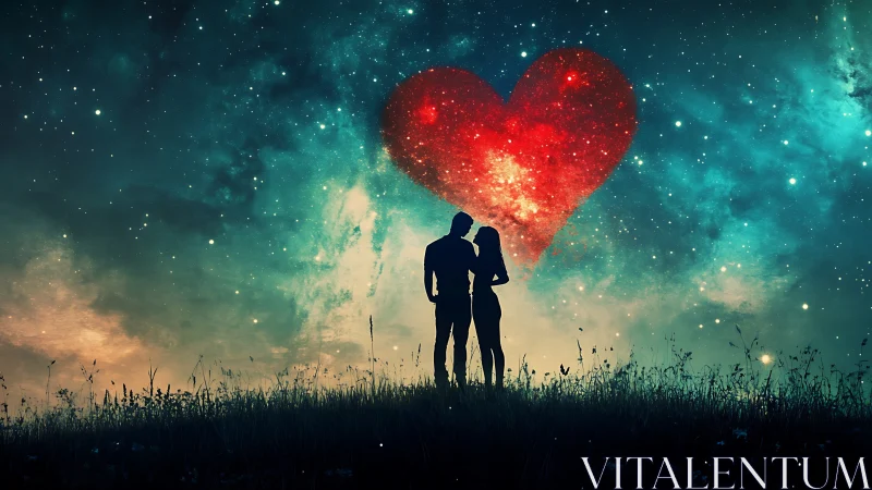 Couple standing silhouette beneath glowing red heart in galaxy.