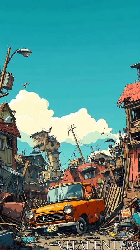 Rusty orange car amid chaotic shantytown collapse at noon.